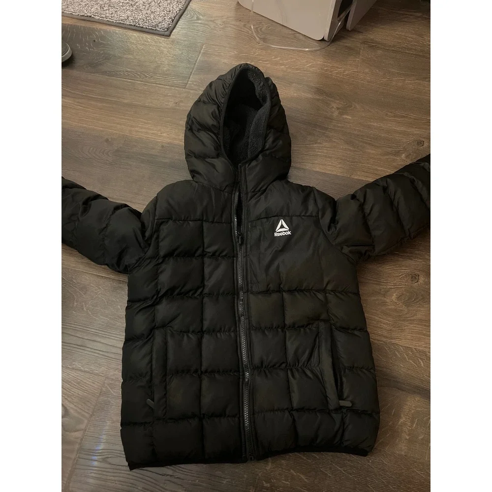 Reebok Kids Puffer Jacket Black Quilted‎ Fleece Lined Hooded Winter Coat size 8